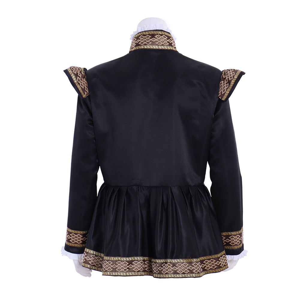 Renaissance Men's Black Jacket with Gold Trim and Ornate Patterns for Cosplay or Themed Events Halloween Christmas or Themed Parties