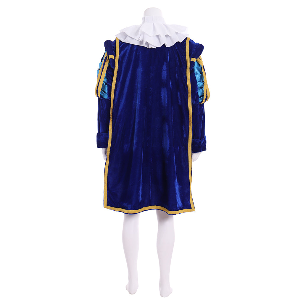 Renaissance Men's Blue Jacket with Gold Trim, White Ruffle and Colorful Striped Breeches for Cosplay or Themed Events Halloween Christmas or Themed Parties