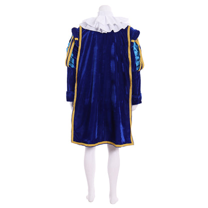 Renaissance Men's Blue Jacket with Gold Trim, White Ruffle and Colorful Striped Breeches for Cosplay or Themed Events Halloween Christmas or Themed Parties