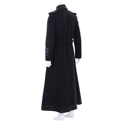 Medieval Men's Black Military  style Long Coat with Silver Accents Buttons and Belt Cosplay Stage Costume Adult Halloween Christmas Party Themed Outfit
