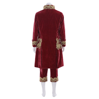 Medieval Men's Red Velvet Coat with Gold Embroidered Trim, Red Breeches Costume for Cosplay Themed Events Halloween Christmas or Parties