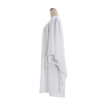 Medieval Women White Flowy Batwing Sleeve Round Neck Ruched Cloak Renaissance Vintage Cosplay Robe
