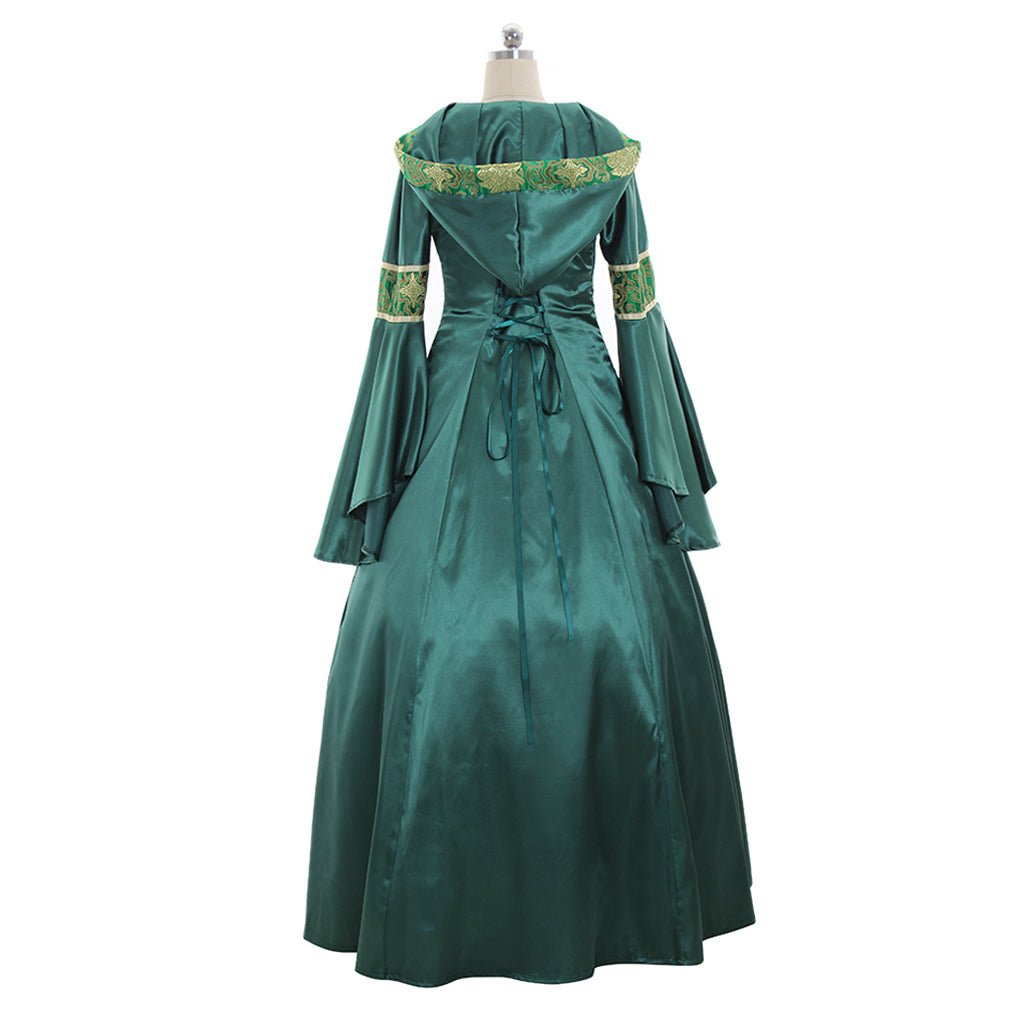 Medieval Women Renaissance Victorian Cosplay Costume Flared Long Sleeve Gold Embroidered Teal Green Gown Adult Ladies Halloween Christmas Dress