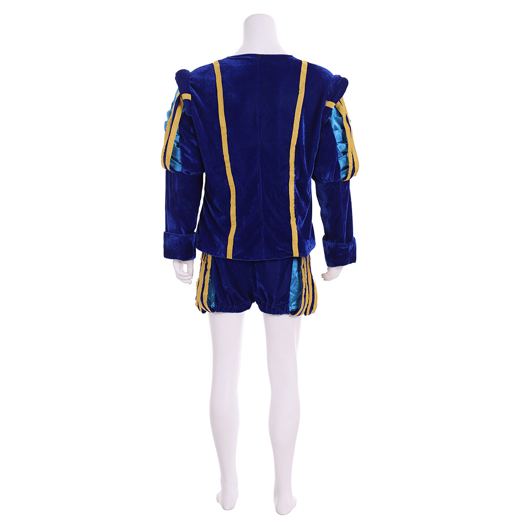 Renaissance Men's Blue Jacket with Gold Trim, White Ruffle and Colorful Striped Breeches for Cosplay or Themed Events Halloween Christmas or Themed Parties