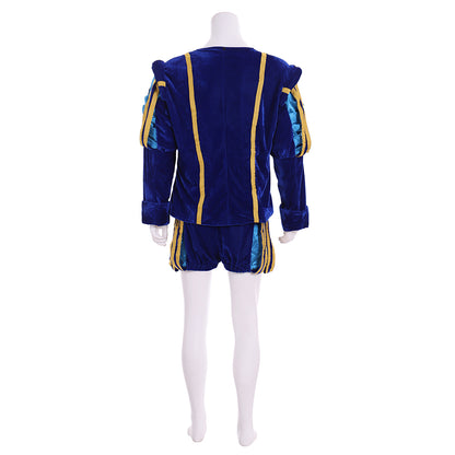 Renaissance Men's Blue Jacket with Gold Trim, White Ruffle and Colorful Striped Breeches for Cosplay or Themed Events Halloween Christmas or Themed Parties