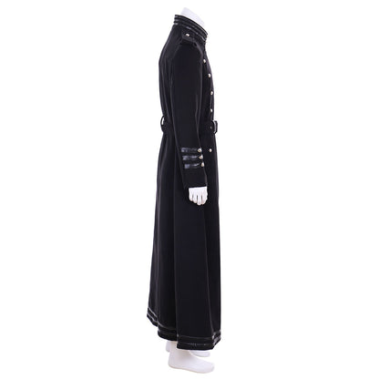 Medieval Men's Black Military  style Long Coat with Silver Accents Buttons and Belt Cosplay Stage Costume Adult Halloween Christmas Party Themed Outfit