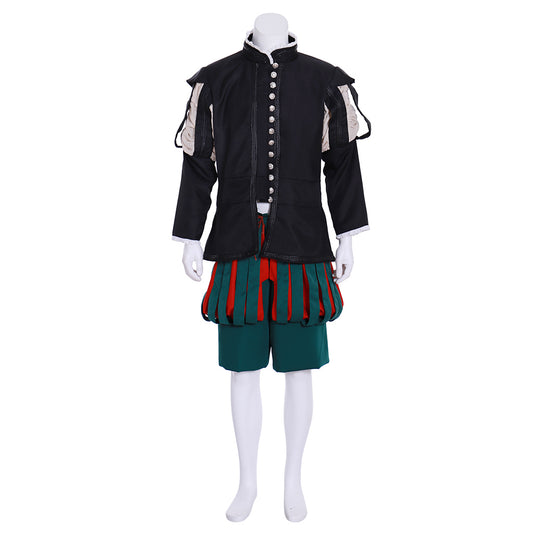 Medieval Men's Black Jacket with White Details and Green Breeches for Cosplay or Themed Events Halloween Christmas or Themed Parties