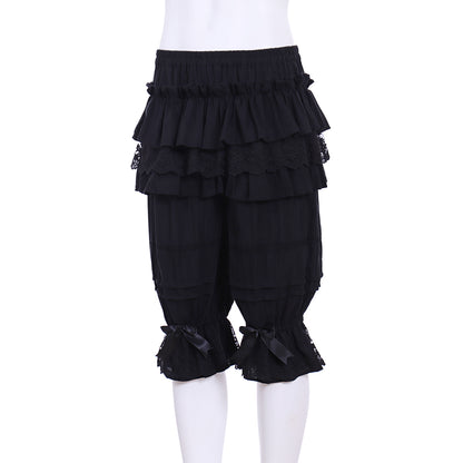 Medieval Gothic Black Lolita Ruffled Bloomers with Multi Layered Lace Trim and Bow-Accented Cuffs