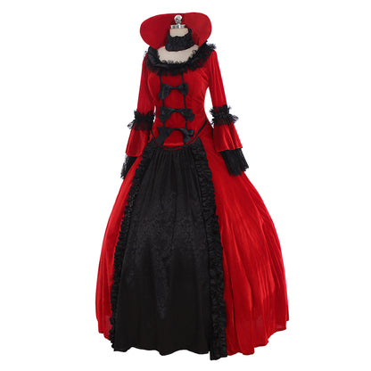 Medieval Women Renaissance Red And Black Cosplay Costume Adult Vintage Court Lace Up Bonneted Ruffled Sleeve Square Neck Maxi Dress Ladies Halloween Christmas