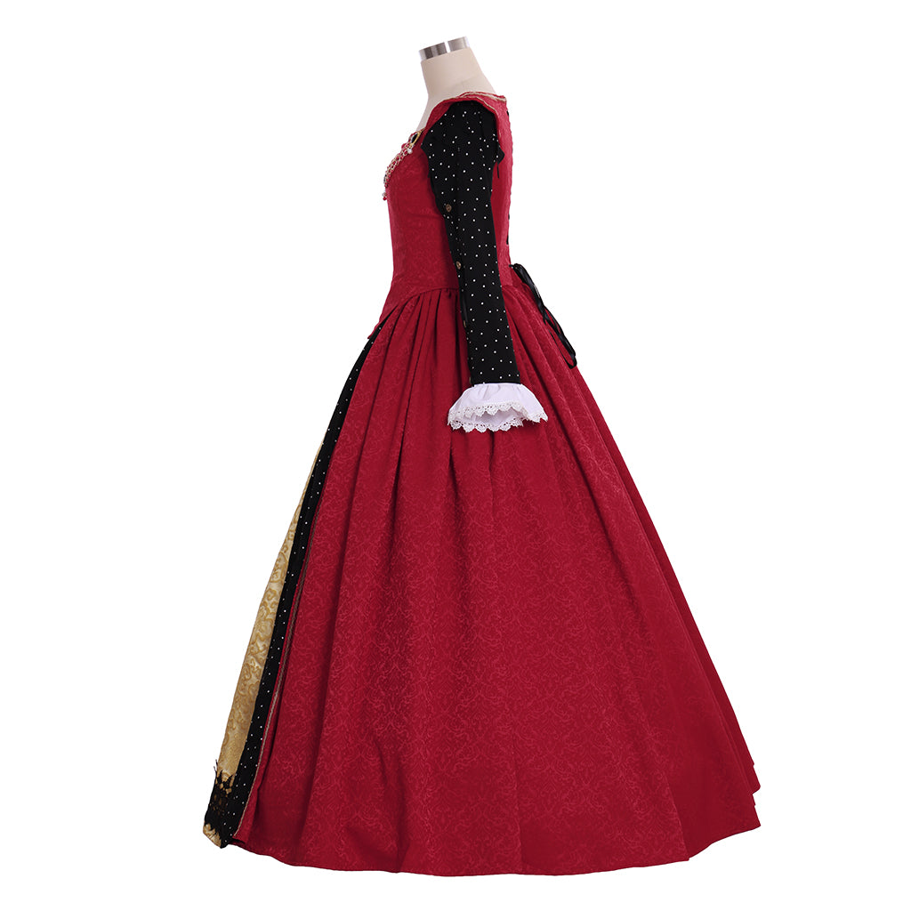 Medieval Tudor Queen Dress Costume Red and Gold Ornate Pattern Square Neckline Long Sleeve with White Cuffs Women's Halloween Fancy Outfits Party Costume Prom Outfit Valentine's Day Party Evening Dress Masquerade Adults' Dress All