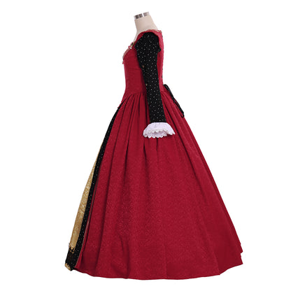 Medieval Tudor Queen Dress Costume Red and Gold Ornate Pattern Square Neckline Long Sleeve with White Cuffs Women's Halloween Fancy Outfits Party Costume Prom Outfit Valentine's Day Party Evening Dress Masquerade Adults' Dress All