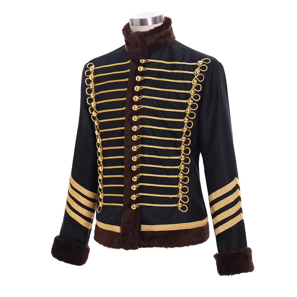 Medieval Victorian Men's Black Gold Accented Brown Fur Trimmed Military Inspired Noble Court Costume Cosplay Stage Outfit Adult Halloween Christmas Party Themed Outfit