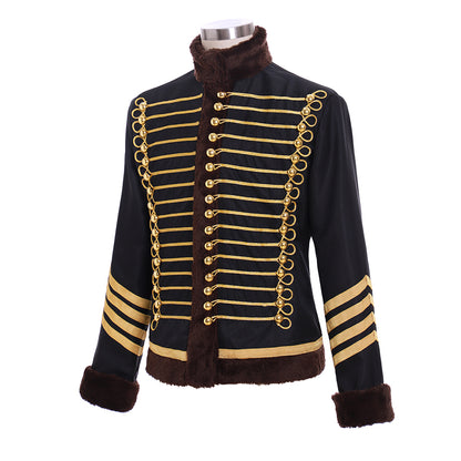 Medieval Victorian Men's Black Gold Accented Brown Fur Trimmed Military Inspired Noble Court Costume Cosplay Stage Outfit Adult Halloween Christmas Party Themed Outfit