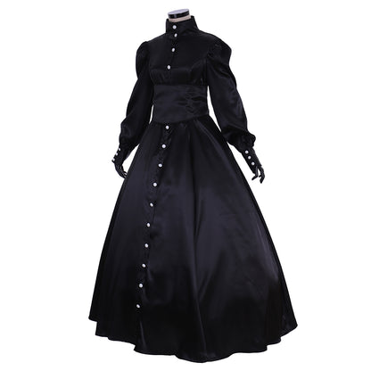 Medieval Gothic Black Satin Ball Gown Puff Sleeve Button Front Waist Cincher Women Adult Renaissance Cosplay Costume Ladies Halloween Christmas Dress