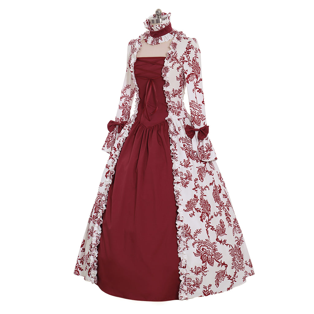 Victorian Gothic Vintage Inspired Dress Party Costume Prom Outfit Princess Shakespeare Burgundy White Floral Patterned Ruffled Cuff Women's Halloween Carnival Valentine's Day Party Evening Party Masquerade Adults' Dress All