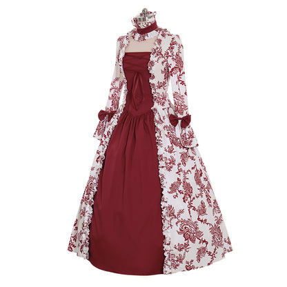 Victorian Gothic Vintage Inspired Dress Party Costume Prom Outfit Princess Shakespeare Burgundy White Floral Patterned Ruffled Cuff Women's Halloween Carnival Valentine's Day Party Evening Party Masquerade Adults' Dress All