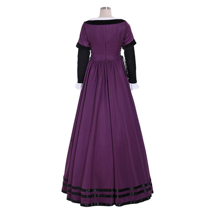 Medieval Renaissance Women's Purple and Black Cosplay Dress with Square Neck, Long Sleeves, Contrast Bodice Gothic Ladies Halloween Party Outerwear