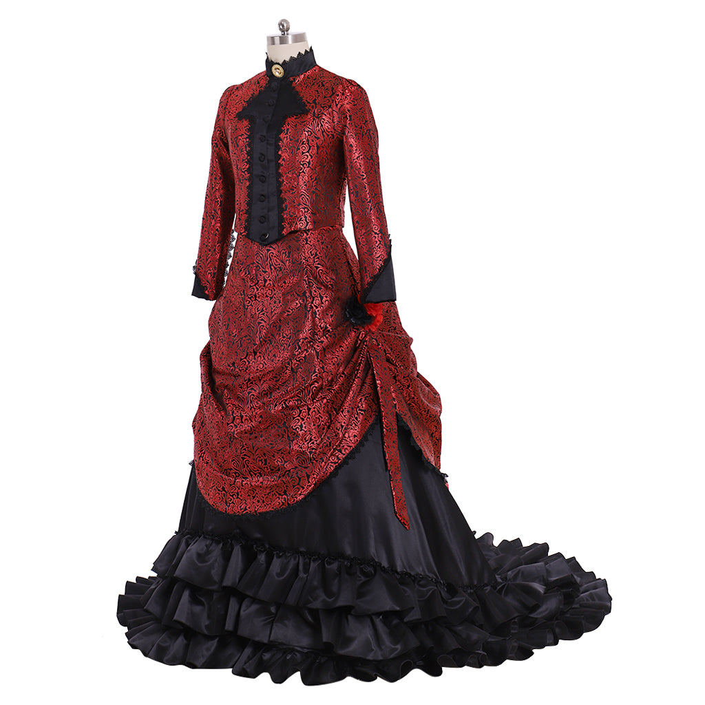 Victorian Rococo Medieval Floor Length Dress Ball Gown Party Costume Princess Patterned Ball Gown Long Sleeve Red Black Women's Halloween Carnival Party Evening Dress Valentine's DayParty Masquerade Adults' Dress All