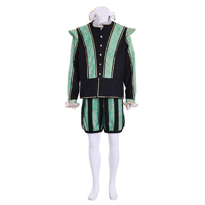 Medieval Men's Black Jacket with Green Trim and Striped Green  Black Breeches for Cosplay or Themed Events Halloween Christmas or Themed Parties