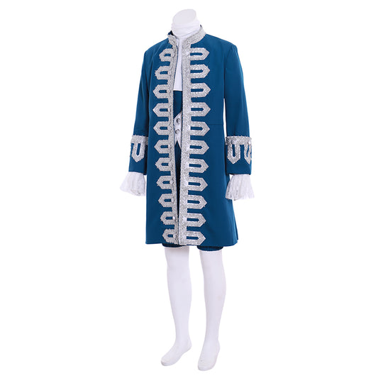 Medieval Teal Blue Court Costume with Silver Ornate Trim and Ruffled Cuffs Cosplay Halloween Christmas