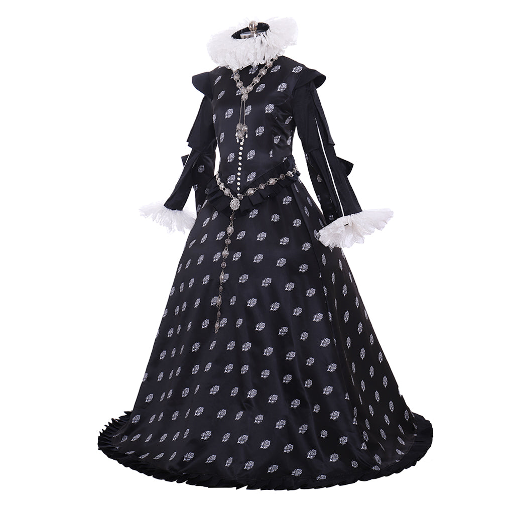 Tudor Dynasty Medieval Court Dress Renaissance Inspired Gown Prom Outfit Black White Polka Dot Ruffled Collar Cuffs Ornate Beaded Detail Women'sHalloween Carnival Valentine's Day Party Evening Dress Masquerade Adults' Dress All