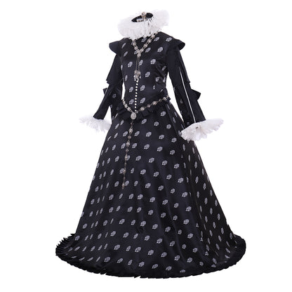 Tudor Dynasty Medieval Court Dress Renaissance Inspired Gown Prom Outfit Black White Polka Dot Ruffled Collar Cuffs Ornate Beaded Detail Women'sHalloween Carnival Valentine's Day Party Evening Dress Masquerade Adults' Dress All