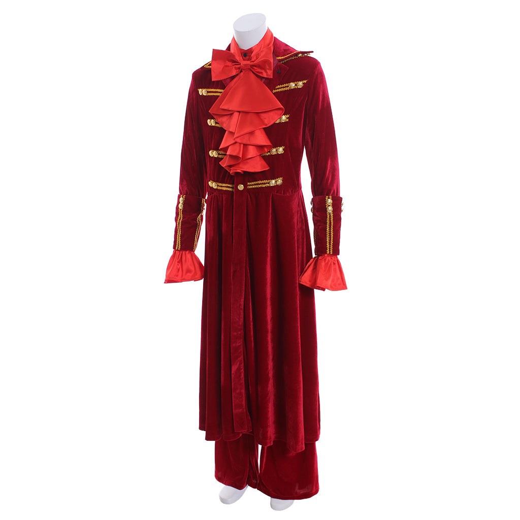 Medieval Men's Red Velvet Long Coat with Gold Trim Ruffled Collar and Cuffs  Matching Pants Costume for Cosplay Themed Events Halloween Christmas or Parties