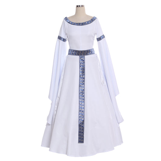 Medieval Women Renaissance White Cosplay Costume Adult Vintage Court Long Sleeve Round Neck Waist Belt Maxi Dress Ladies Halloween Christmas