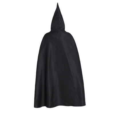 Medieval-Inspired Black Hooded Cloak with White Cross Emblem and Drawstring Closure
