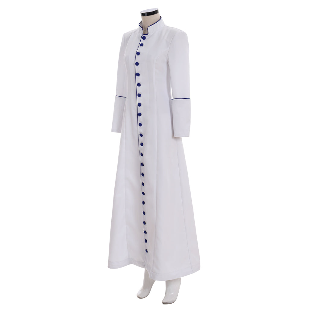 Medieval Renaissance Women's White Cosplay Dress with Stand Up Collar, Long Sleeves, Button  Front Design and Floor  Length Skirt Gothic Ladies Vintage Party Gown