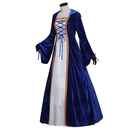 Medieval Vintage Regency Dress Hooded Blue White Gown Medieval Cosplay Costume Long Sleeve With Lace up Renaissance Gown Women Cosplay Costume Adult Ladies Halloween Christmas Dress