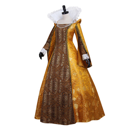 Anne Boleyn Dress Costume Tudor Queen Dress Queen Elizabeth Ball Gown Dresss Costume Prom Outfit Gold Brown Ornate Pattern Ruffled Collar Cuffs Women's Halloween Carnival Valentine's Day Party Evening Dress Masquerade Adults' Dress All
