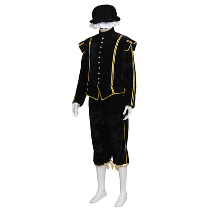 Medieval Men's Black Coat with Gold Trim, White Collar and Black Breeches with Hat Costume for Cosplay Themed Events Halloween Christmas or Themed Parties