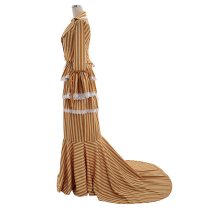 Victorian Gothic Vintage Inspired Dress Party Costume Prom Outfit Princess Shakespeare Yellow - Brown Striped Flared Cuff Women's Halloween Carnival Valentine's Day Party Evening Party Masquerade Adults' Dress All