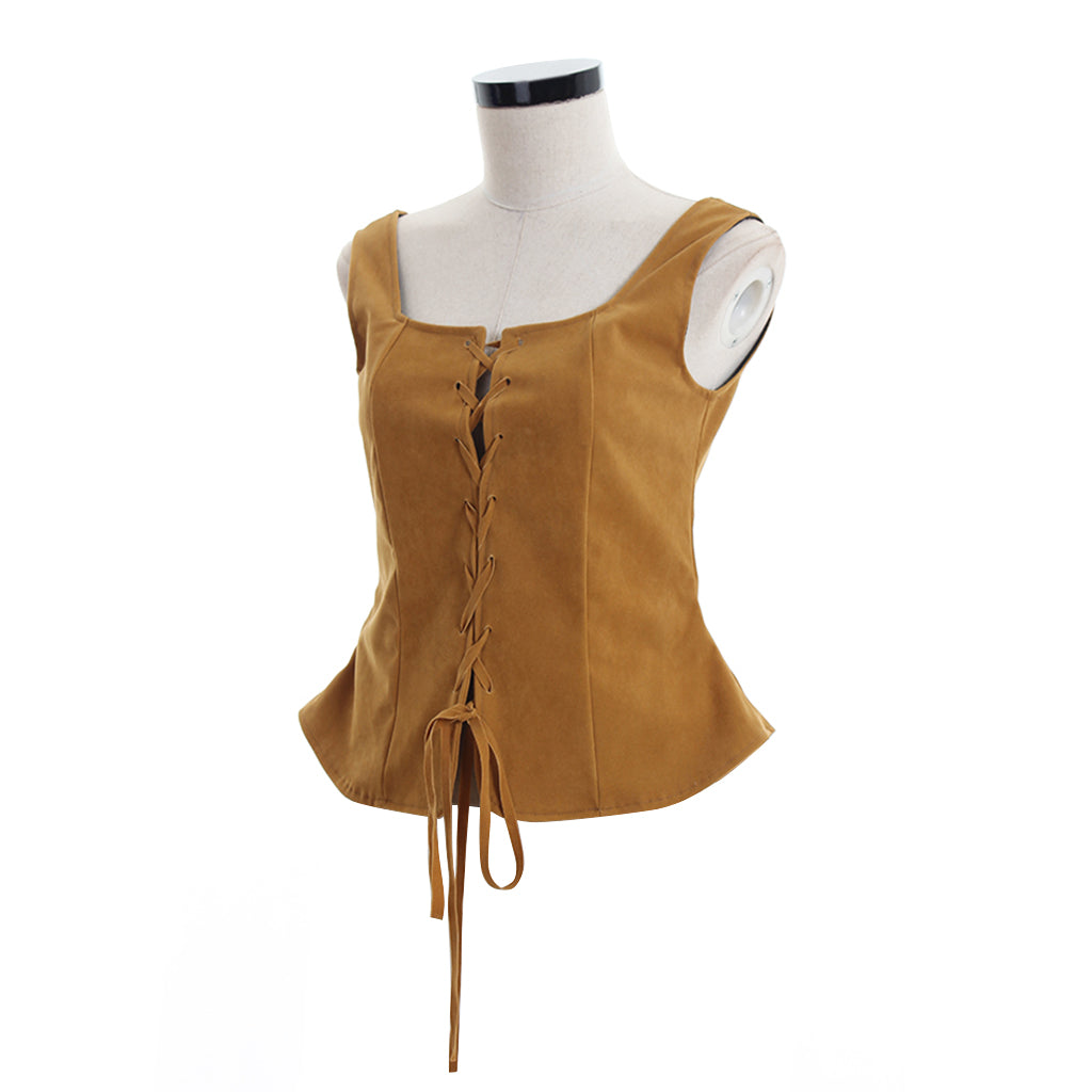 Medieval Renaissance Tan Faux Suede Lace Up Vest Square Neck Sleeveless Corset Top