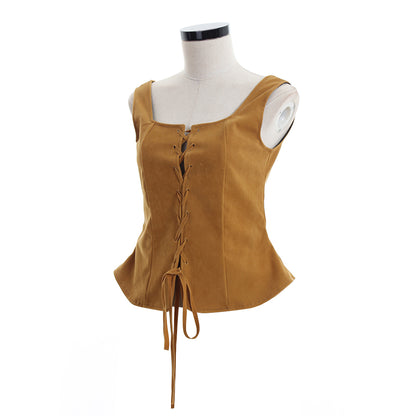 Medieval Renaissance Tan Faux Suede Lace Up Vest Square Neck Sleeveless Corset Top