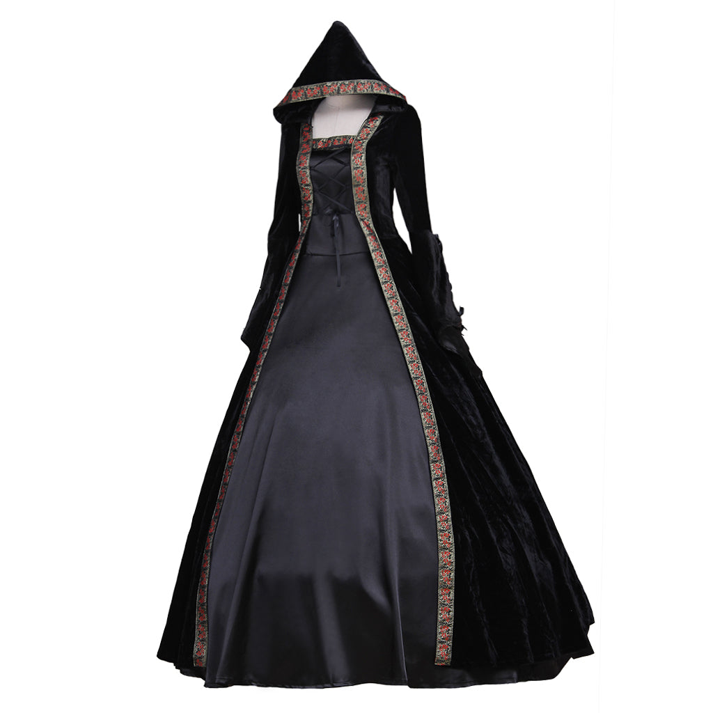 Medieval Women Renaissance Victorian Cosplay Costume Flared Long Sleeve Brown Trimmed Color Block Black Lace Up Gown Adult Ladies Halloween Christmas Dress