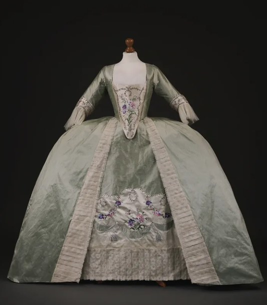 Rococo Style Light Green Satin Gown with  Layered Decorative Skirt for Historical Reenactments Royal Court Halloween Christmas