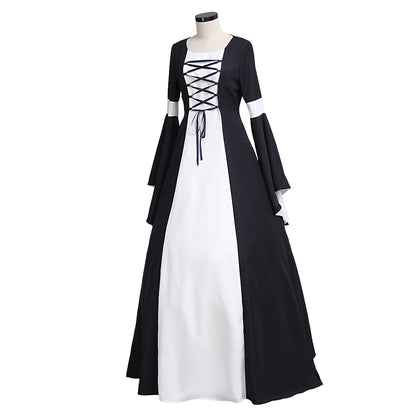 Medieval Women Renaissance Victorian Cosplay Costume Flared Long Sleeve White Trimmed Color Block Black White Lace Up Gown Adult Ladies Halloween Christmas Dress