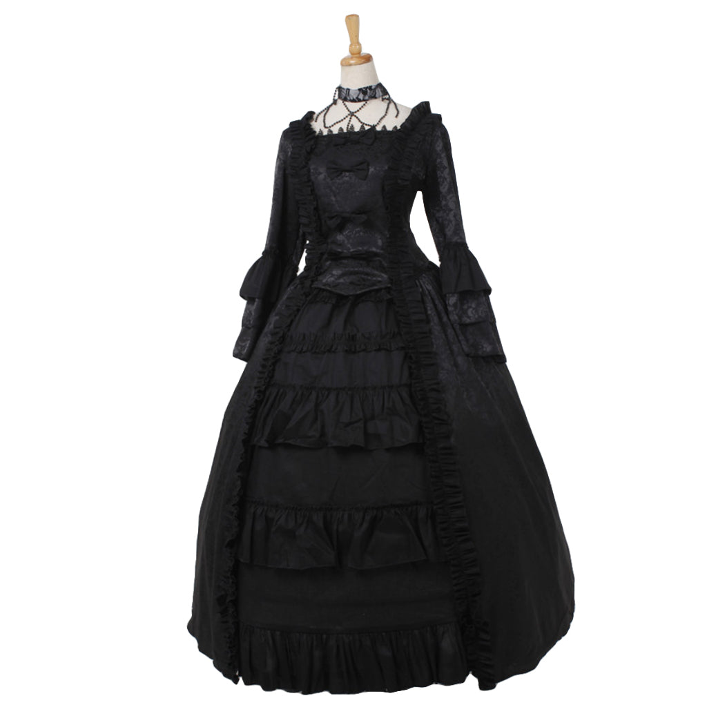 Medieval Women Gothic Victorian Renaissance Cosplay Costume Ruffled Long Sleeve Square Neck Black Gown Adult Ladies Halloween Christmas Dress