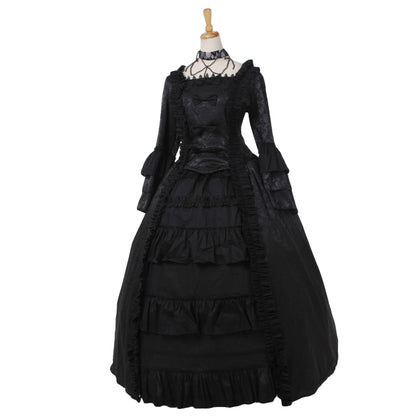 Medieval Women Gothic Victorian Renaissance Cosplay Costume Ruffled Long Sleeve Square Neck Black Gown Adult Ladies Halloween Christmas Dress