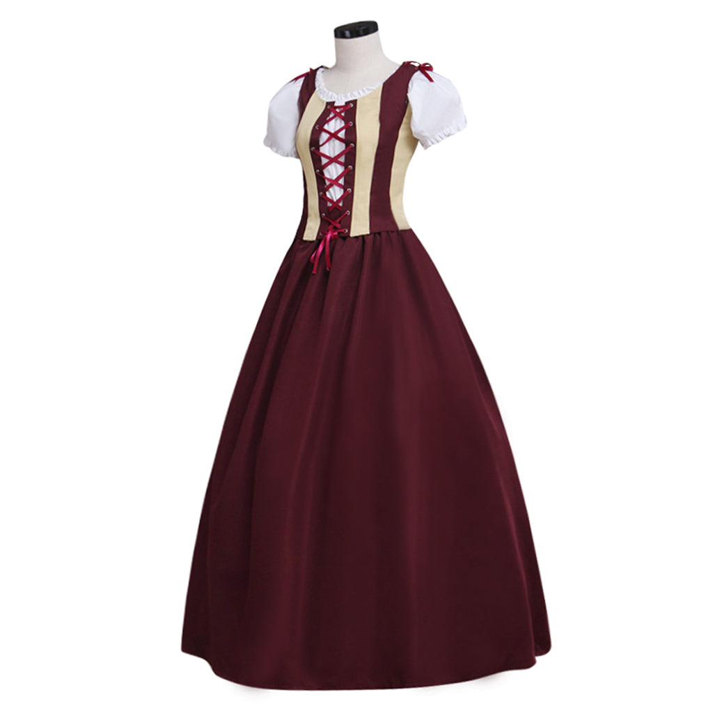 Medieval Renaissance Cosplay Costume Short Sleeve Corset Style Burgundy Gown Adult Ladies Halloween Renaissance Festival Dress