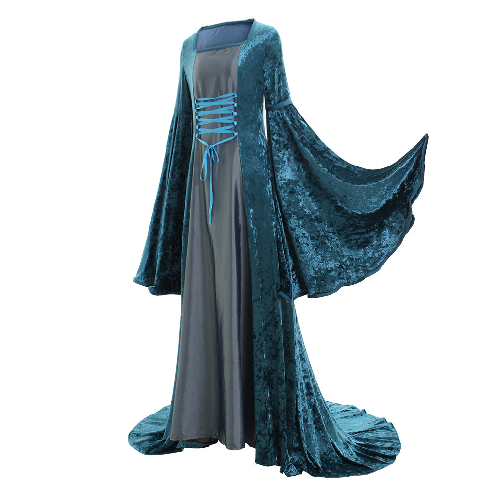 Medieval Women Renaissance Teal And Gray Cosplay Costume Adult Vintage Court Lace Up Flared Sleeve Square Neck Maxi Dress