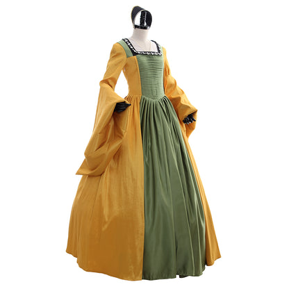 Tudor Dynasty Medieval Court Dress Renaissance Inspired Gown Halloween Fancy Outfits Party Costume Prom Outfit Green Gold-Embroidered Square Neckline Puff Sleeve Women's Halloween Carnival Valentine's Day Masquerade Adults' Dress All