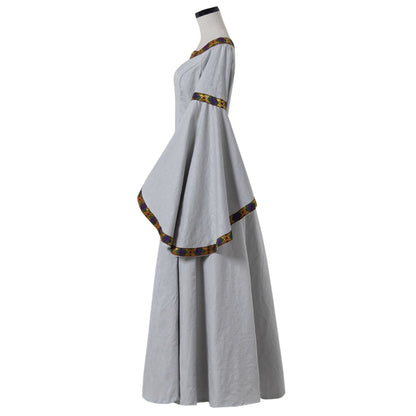 Medieval Women Renaissance Victorian Cosplay Costume Flared Long Sleeve Gold and Brown Trimmed Tie Waist Light Gray Gown Adult Ladies Halloween Christmas Dress