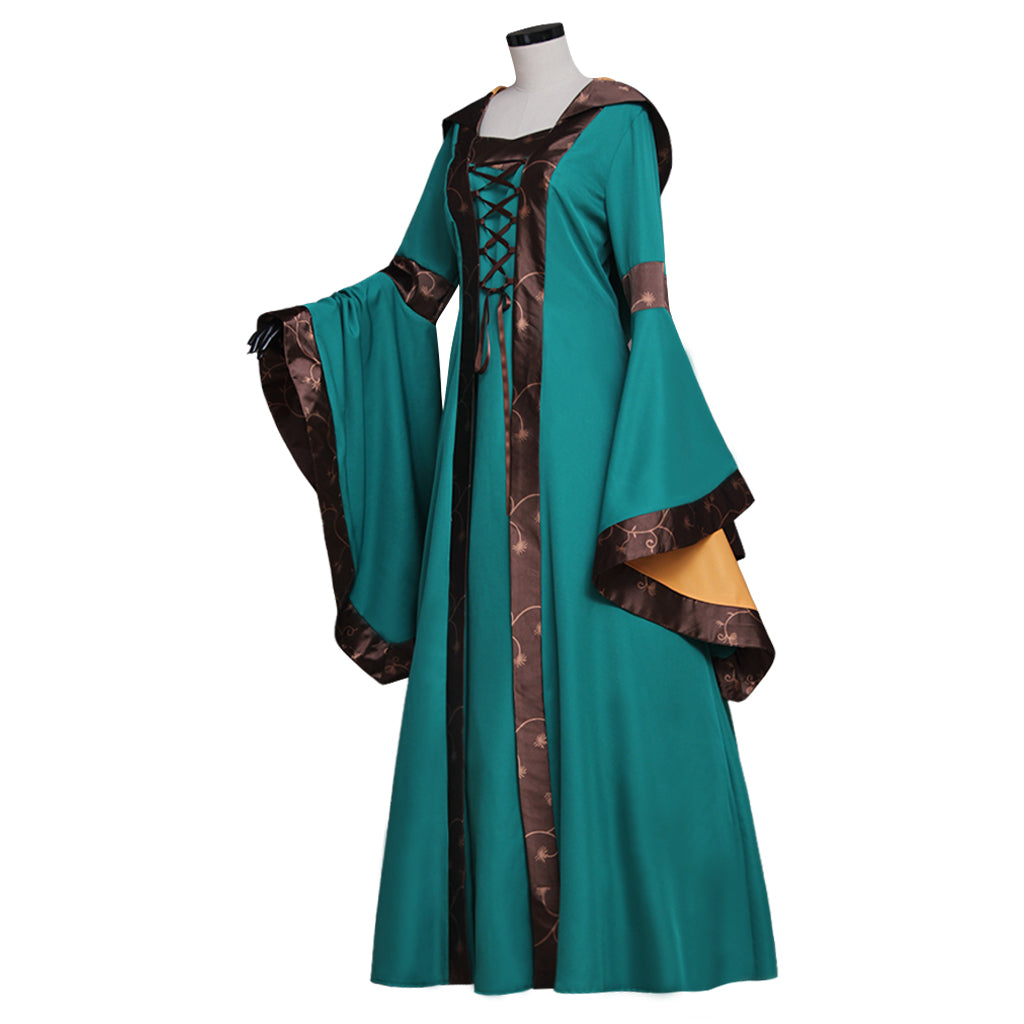 Medieval Vintage Regency Dress Square Neck Teal Brown Gown With Brown Trim Long Flared Sleeve Renaissance Cosplay Costume Adult Ladies Halloween Christmas Dress