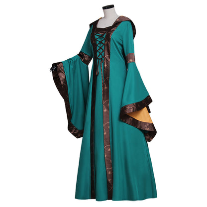 Medieval Vintage Regency Dress Square Neck Teal Brown Gown With Brown Trim Long Flared Sleeve Renaissance Cosplay Costume Adult Ladies Halloween Christmas Dress
