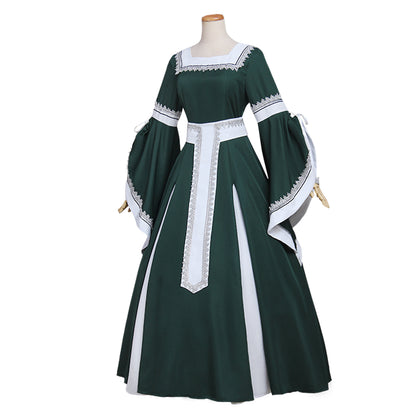 Medieval Women Renaissance Victorian Cosplay Costume Flared Long Sleeve White Trimmed Color Block Dark Green White Gown Adult Ladies Halloween Christmas Dress
