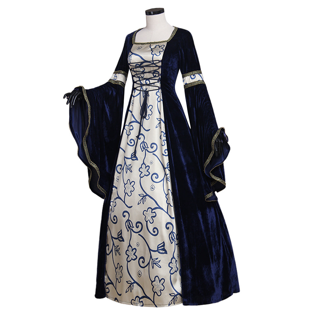 Medieval Vintage Regency Dress Square Neck Navy Blue Cream Patterned Gown Medieval Cosplay Costume Long Sleeve With Trim Renaissance Gown Women Cosplay Costume Adult Ladies Halloween Christmas Dres