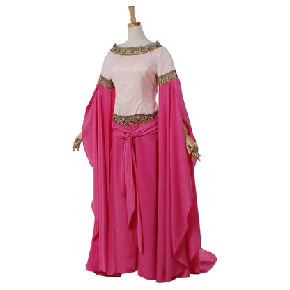 Medieval Women Renaissance Victorian Cosplay Costume Flared Long Sleeve Embroidered Waist Pink Top and Long Skirt Set Adult Ladies Halloween Christmas Dress